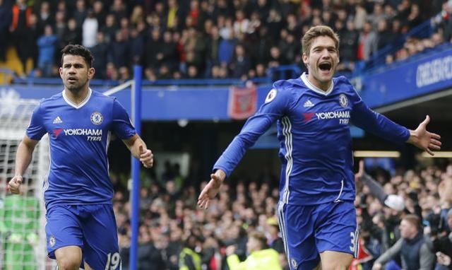 Chelsea's Marcos Alonso, right celebrates with teammate Diego Costa. (AP) Chelsea's Marcos Alonso, right celebrates with teammate Diego Costa. (AP)