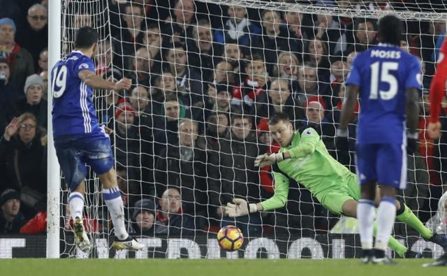 Chelsea's Diego Costa has his penalty saved by Liverpool's Simon Mignolet. (REUTERS) Chelsea's Diego Costa has his penalty saved by Liverpool's Simon Mignolet. (REUTERS)
