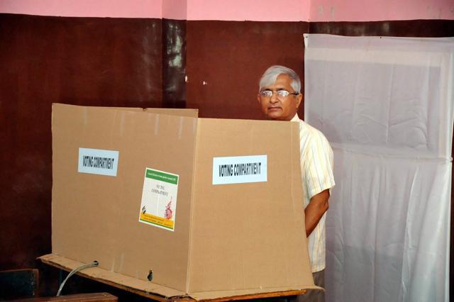 Rebel RSS leader Subhash Velingkar was the first voter in his booth to case vote in Panaji constituency on Saturday. (PTI) Rebel RSS leader Subhash Velingkar was the first voter in his booth to case vote in Panaji constituency on Saturday. (PTI)