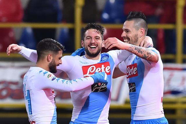 Napoli's Marek Hamsik (R) celebrates after scoring a goal with Dries Mertens and Lorenzo Insigne (L). (AFP) Napoli's Marek Hamsik (R) celebrates after scoring a goal with Dries Mertens and Lorenzo Insigne (L). (AFP)