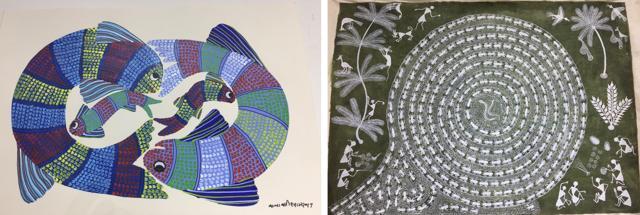 Kalawati’s painting of fish going round and round; and (right) painting of anthill by Minakshi. (PHOTOS: VIKRAM JIT SINGH) Kalawati’s painting of fish going round and round; and (right) painting of anthill by Minakshi. (PHOTOS: VIKRAM JIT SINGH)