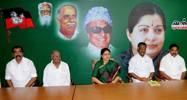 Tamil Nadu chief minister O Panneerselvam and AIADMK General Secretary V K Sasikala at the party MLA's meeting in which she was elected as AIADMK Legislative party leader, set to become Tamil Nadu CM, at Party's Headquarters in Chennai on Sunday. PTI Photo(PTI2_5_2017_000158a) (PTI) Tamil Nadu chief minister O Panneerselvam and AIADMK General Secretary V K Sasikala at the party MLA's meeting in which she was elected as AIADMK Legislative party leader, set to become Tamil Nadu CM, at Party's Headquarters in Chennai on Sunday. PTI Photo(PTI2_5_2017_000158a) (PTI)