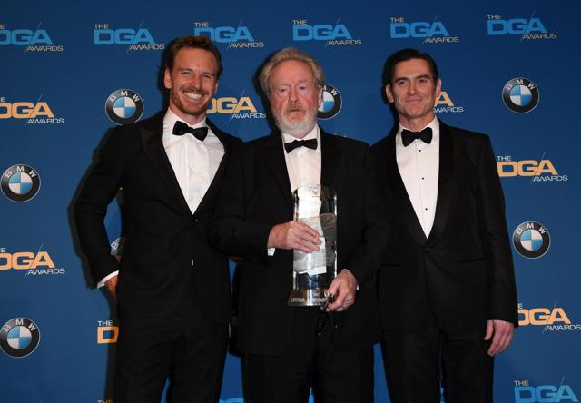 Actors Michael Fassbender (L) and Billy Crudup (R) flank Ridley Scott (C) as he poses with the DGA Lifetime Achievement Award in the press room at the 69th Annual Directors’ Guild Awards (DGA) in Beverly Hills. (AFP) Actors Michael Fassbender (L) and Billy Crudup (R) flank Ridley Scott (C) as he poses with the DGA Lifetime Achievement Award in the press room at the 69th Annual Directors’ Guild Awards (DGA) in Beverly Hills. (AFP)