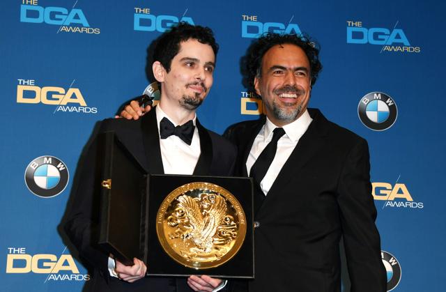 Damien Chazelle (L), winner of the Best Director in a Feature Film award for La La Land, poses with last year's winner director Alejandro G. Inarritu, in the press room at the 69th Annual Directors’ Guild Awards (DGA) in Beverly Hills. (AFP) Damien Chazelle (L), winner of the Best Director in a Feature Film award for La La Land, poses with last year's winner director Alejandro G. Inarritu, in the press room at the 69th Annual Directors’ Guild Awards (DGA) in Beverly Hills. (AFP)