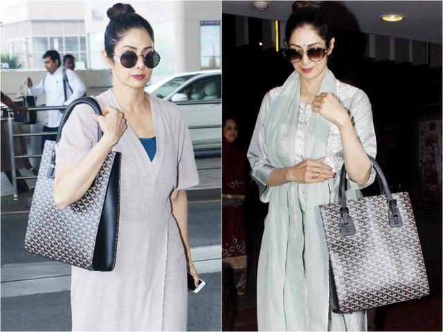 Sridevi’s duotone big bag breaks the monotony of her neutral-hued ensembles. (Yogen Shah) Sridevi’s duotone big bag breaks the monotony of her neutral-hued ensembles. (Yogen Shah)