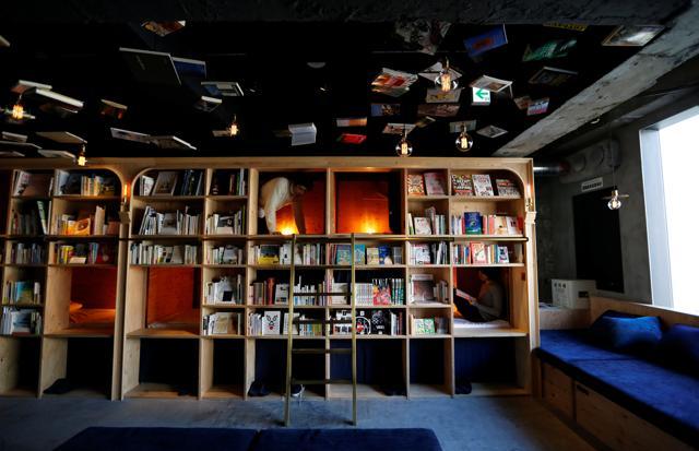 The walls, ceiling and most of the decor of the hotel are packed with 3,200 books in different languages. (REUTERS) The walls, ceiling and most of the decor of the hotel are packed with 3,200 books in different languages. (REUTERS)