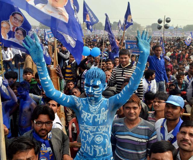 A BSP supporter at a rally addressed by party chief Mayawati in Agra in Monday. (PTI) A BSP supporter at a rally addressed by party chief Mayawati in Agra in Monday. (PTI)