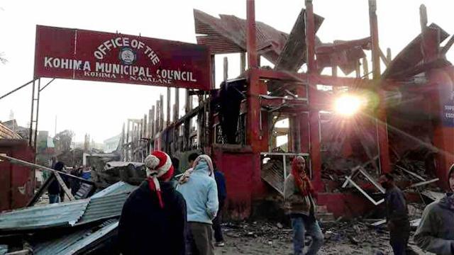 The Kohima Municipal Council office was set ablaze by Naga tribals during their violent protest in Kohima on Friday. (PTI) The Kohima Municipal Council office was set ablaze by Naga tribals during their violent protest in Kohima on Friday. (PTI)