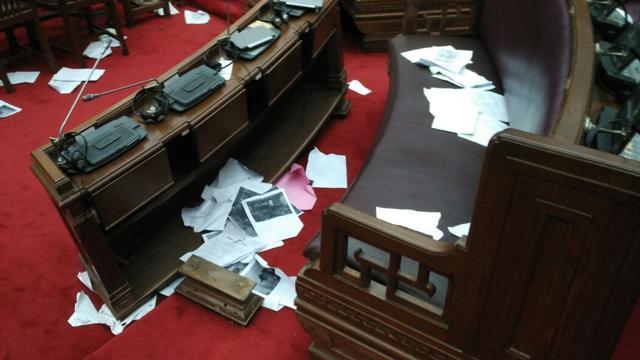 TMC MLAs alleged a few microphones were damaged during the pandemonium. (Subhankar Chakraborty) TMC MLAs alleged a few microphones were damaged during the pandemonium. (Subhankar Chakraborty)