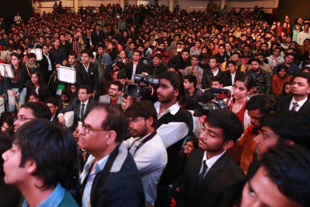 Govinda spoke to a packed auditorium at SRCC. (Amal KS/HT Photo)