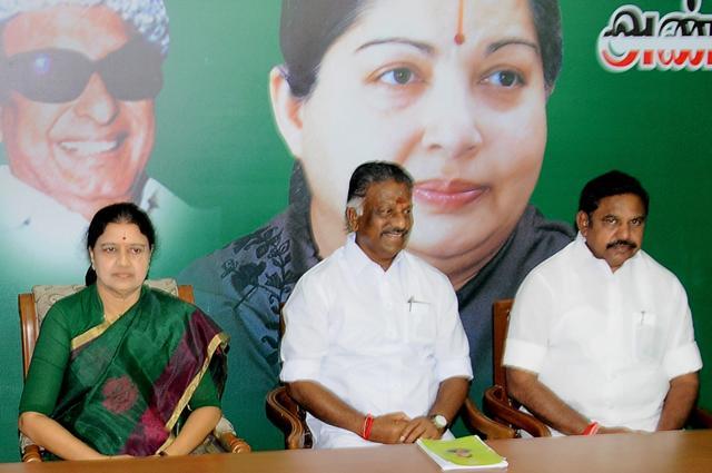 Panneerselvam and AIADMK general secretary VK Sasikala at the party MLA's meeting in which she was elected as AIADMK legislative party leader, set to become Tamil Nadu CM, in Chennai. (PTI Photo)