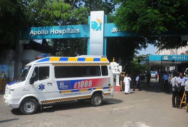 An ambulance is seen outside a hospital where Jayalalitha was being treated in Chennai, on September 30, 2016. (AFP Photo)