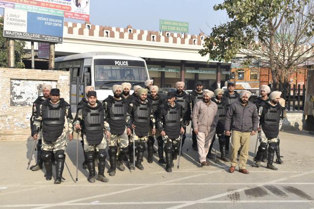 Security personnel deployed in Majitha during repolling. (Gurpreet Singh/HT Photo)