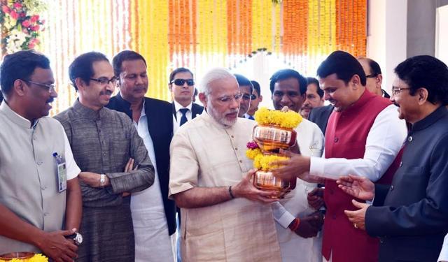 Uddhav Thackeray with PM Narendra Modi and CM Devendra Fadnavis at the jalpoojan for Shivaji memorial in Mumbai in December. (File) Uddhav Thackeray with PM Narendra Modi and CM Devendra Fadnavis at the jalpoojan for Shivaji memorial in Mumbai in December. (File)