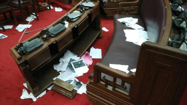 Officials of the Assembly said on Wednesday that a few microphones were damaged. (Subhankar Chakraborty) Officials of the Assembly said on Wednesday that a few microphones were damaged. (Subhankar Chakraborty)