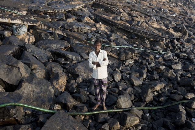 Challadorai, 52 years, ventured to fishing after 12 days since the oil spills happened. When he managed to catch only 1 fish in the 15-20 mins that he spend there, he returned disappointed with no hope of a fruitful catch. He is a small fisherman and usually takes one more person with him on the boat for fishing. (Saumya Khandelwal/HT PHOTO)
