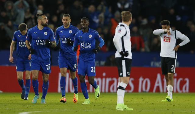 Leicester City's Wilfred Ndidi celebrates scoring their second goal with teammates. (REUTERS) Leicester City's Wilfred Ndidi celebrates scoring their second goal with teammates. (REUTERS)
