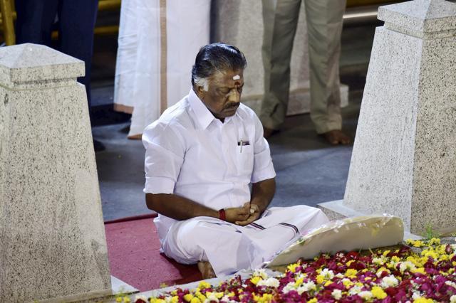 Tamil Nadu’s chief minister O Panneerselvam sits in meditation at the memorial of his predecessor J Jayalalithaa's in Chennai. Panneerselvam has ‘rebelled’ against AIADMK chief VK Sasikala. (PTI) Tamil Nadu’s chief minister O Panneerselvam sits in meditation at the memorial of his predecessor J Jayalalithaa's in Chennai. Panneerselvam has ‘rebelled’ against AIADMK chief VK Sasikala. (PTI)