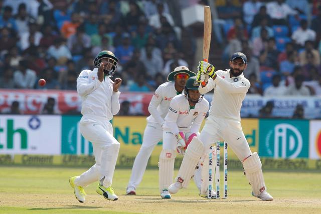 Ravindra Jadeja blasted his fifth fifty as India targeted a score in excess of 700 against Bangladesh in Hyderabad. (BCCI)