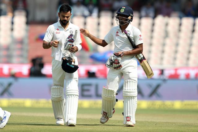Virat Kohli neared his fourth double century as captain as India entered the lunch session at 477/4 against Bangladesh in Hyderabad. (BCCI) Virat Kohli neared his fourth double century as captain as India entered the lunch session at 477/4 against Bangladesh in Hyderabad. (BCCI)