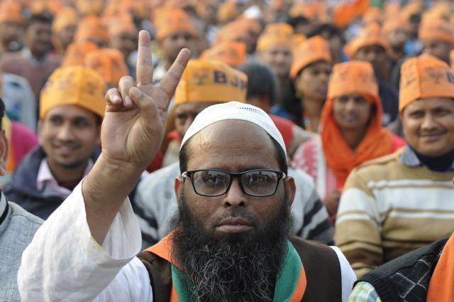 BJP supporters listening to party president Amit Shah in a rally in Noida on Sunday. (Sunil Ghosh / HT Photo ) BJP supporters listening to party president Amit Shah in a rally in Noida on Sunday. (Sunil Ghosh / HT Photo )