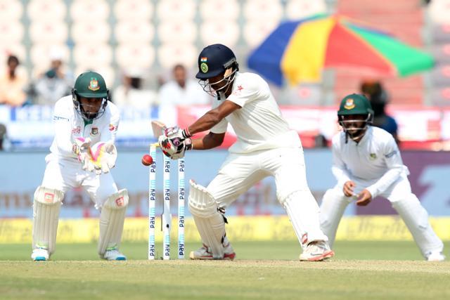 Wriddhaman Saha neared a century as India headed into Tea at 620/6 on day 2 of the Hyderabad Test. (BCCI) Wriddhaman Saha neared a century as India headed into Tea at 620/6 on day 2 of the Hyderabad Test. (BCCI)