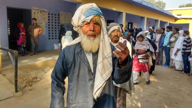 90-year-old Haji Aziz after casting his vote in Jewar. (Vaibhav Jha/Hindustan Times) 90-year-old Haji Aziz after casting his vote in Jewar. (Vaibhav Jha/Hindustan Times)