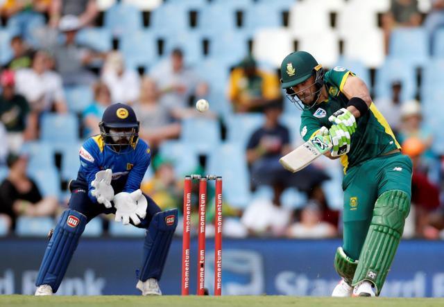 South Africa’s Faf du Plessis plays a shot as Sri Lankan wicketkeeper Niroshan Dickwella looks on at Centurion on Friday. (REUTERS)