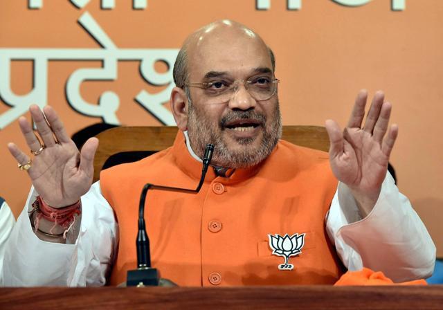 BJP president Amit Shah addesses a press conference at the party headquarters in Lucknow on Sunday. (PTI) BJP president Amit Shah addesses a press conference at the party headquarters in Lucknow on Sunday. (PTI)