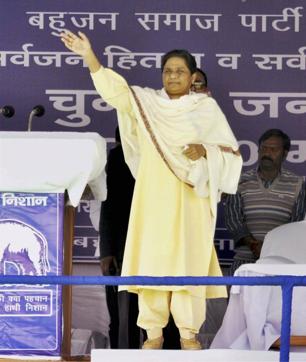 BSP chief Mayawati waves at the crowd at an election rally in Sitapur on Sunday. (PTI) BSP chief Mayawati waves at the crowd at an election rally in Sitapur on Sunday. (PTI)