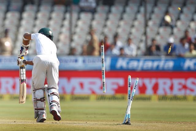 Mehedi Hasan was cleaned up by Bhuvneshwar Kumar for 51 after playing a good hand on day 3. Catch live cricket score of India vs Bangladesh, one-off Test, here. (BCCI)