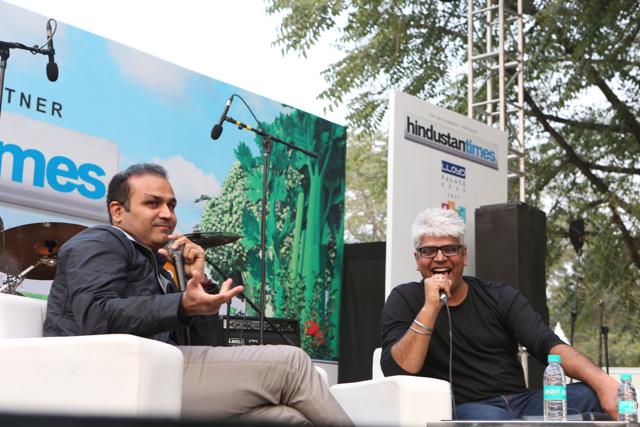 Cricketer Virender Sehwag in conversation with RJ Sharat of Fever 104FM. (Prabhas Roy/HT)