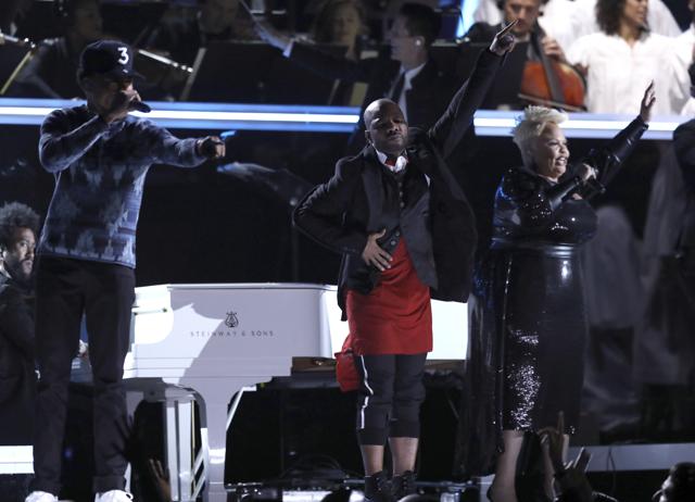 Chance the Rapper, from left, Kirk Franklin, and Tamela Mann perform at the 59th annual Grammy Awards on Sunday. (Matt Sayles/Invision/AP) Chance the Rapper, from left, Kirk Franklin, and Tamela Mann perform at the 59th annual Grammy Awards on Sunday. (Matt Sayles/Invision/AP)