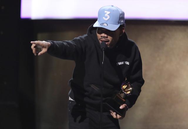 Chance The Rapper accepts the award for best rap performance for No Problem at the 59th annual Grammy Awards. (Matt Sayles/Invision/AP) Chance The Rapper accepts the award for best rap performance for No Problem at the 59th annual Grammy Awards. (Matt Sayles/Invision/AP)