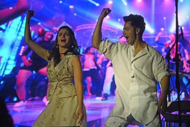 Alia Bhatt and Varun Dhawan shake a leg to songs from their upcoming movie during the HT Kala Ghoda Arts Festival closing ceremony on Sunday. (Pratik Chorge/HT )