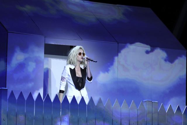 Katy Perry performs Chained to the Rhythm at the 59th annual Grammy Awards. (Matt Sayles/Invision/AP) Katy Perry performs Chained to the Rhythm at the 59th annual Grammy Awards. (Matt Sayles/Invision/AP)