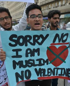 Pakistani men protest against Valentine's Day celebrations in Karachi on February 12, 2017. The western tradition of Valentine's Day is reviled in parts of Pakistan's conservative Islamic society. (AFP) Pakistani men protest against Valentine's Day celebrations in Karachi on February 12, 2017. The western tradition of Valentine's Day is reviled in parts of Pakistan's conservative Islamic society. (AFP)
