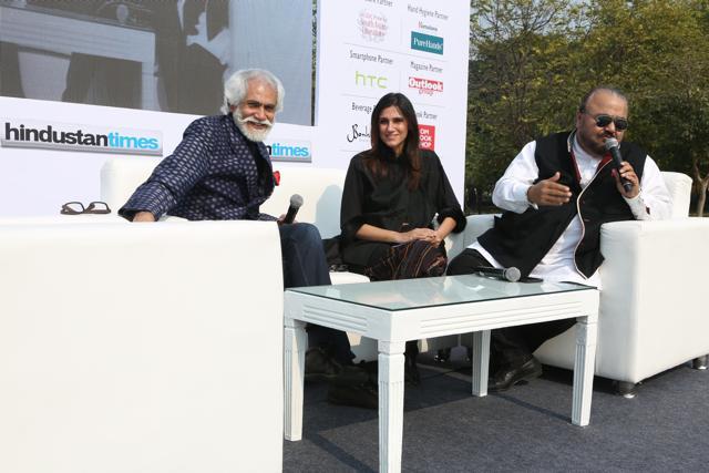 FDCI president Sunil Sethi with fashion designers Rina Dhaka and JJ Valaya discuss designer menswear in India. (Prabhas Roy/HT)