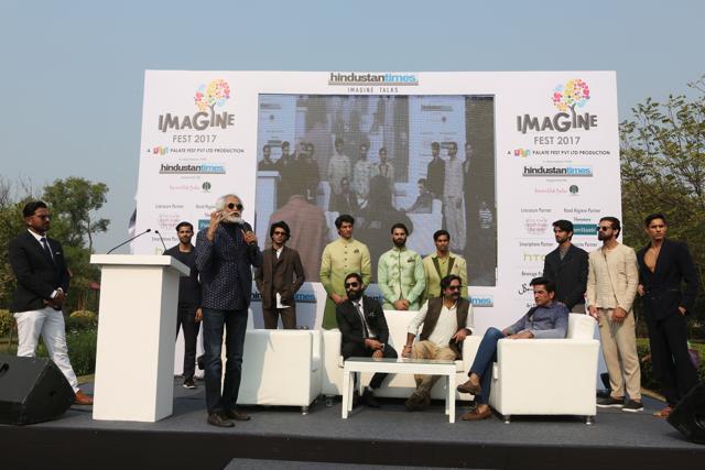 L-R (Back): Models Mayank Bajpai, Vivek Dhiman, Manish Mallik, Dushyant Singh Raghuvanshi, Anand Dixit, Gaurav Mavi, Anurag Fageriya, Rohit Jakkar; (Front) FDCI president Sunil Sethi with fashion designers Abhishek Paatni, Rohit Kamra and Pawan Sachdeva. (Prabhas Roy/HT)