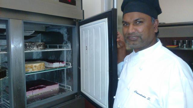 S Chandrda is justifiably proud of his mouth-watering pastry collection at the Deli. (Ayesha Banerjee)