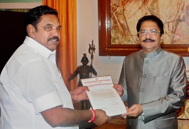 AIADMK legislative party leader Edappadi Palaniswamy calling on Tamil Nadu governor Vidyasagar Rao at Raj Bhavan in Chennai. (PTI Photo) AIADMK legislative party leader Edappadi Palaniswamy calling on Tamil Nadu governor Vidyasagar Rao at Raj Bhavan in Chennai. (PTI Photo)