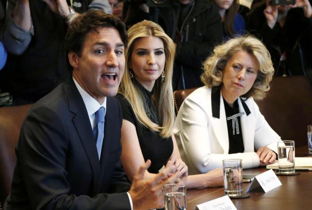 Canadian Prime Minister Justin Trudeau (left) speaks during a roundtable discussion while Ivanka Trump (centre) and TransAlta Coproration CEO and president Dawn Farrell (right ) look on at the White House in Washington on February 13 (REUTERS)