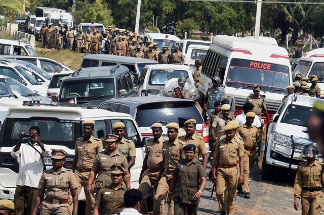 Police personnel at the resort in Koovathur on the outskirts of Chennai. (PTI Photo) Police personnel at the resort in Koovathur on the outskirts of Chennai. (PTI Photo)