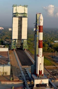 Fully integrated PSLV-C37 with the Mobile Service Tower at Satish Dhawan Space Centre in Sriharikota, Andhra Pradesh, before being launched on Wednesday morning. (Prasar Bharati/Twitter)