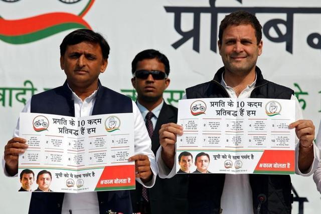 Akhilesh Yadav, president of Samajwadi Party President and chief minister of Uttar Pradesh, and Rahul Gandhi, vice-president of Congress Party, pose as they release a common minimum programme at a joint news conference in Lucknow on February 11. (Reuters) Akhilesh Yadav, president of Samajwadi Party President and chief minister of Uttar Pradesh, and Rahul Gandhi, vice-president of Congress Party, pose as they release a common minimum programme at a joint news conference in Lucknow on February 11. (Reuters)