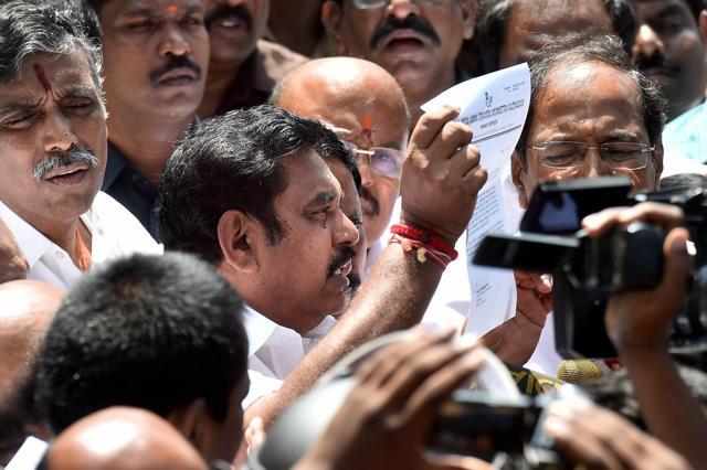 AIADMK senior leader and highways minister Edappadi K Palaniswami talks with media after being elected as the legislature party leader at Koovathur in East Coast Road outskirts of Chennai on Tuesday. (PTI) AIADMK senior leader and highways minister Edappadi K Palaniswami talks with media after being elected as the legislature party leader at Koovathur in East Coast Road outskirts of Chennai on Tuesday. (PTI)