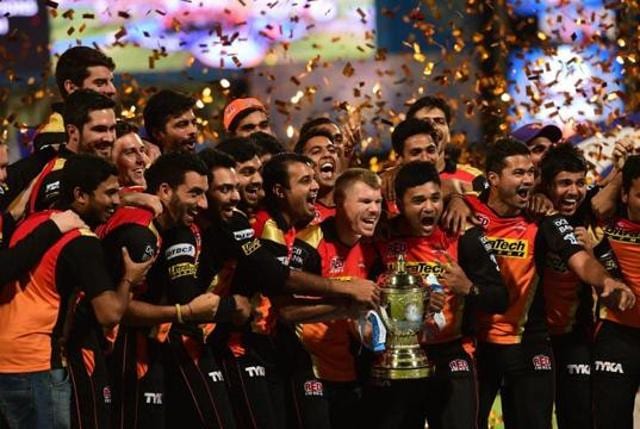 Sunrisers players hold the trophy as they pose for pictures. (PTI)