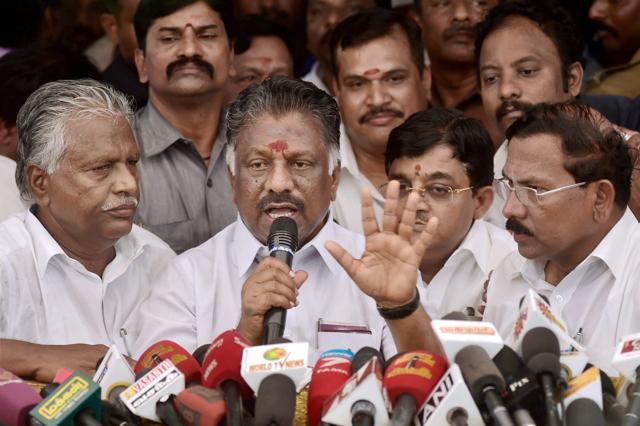 Tamil Nadu CM O Panneerselvam talks to the media appealing to maintain law and order soon after the SC verdict convicting AIADMK chief VK Sasikala in a disproportionate assets case in Chennai on Tuesday. (PTI) Tamil Nadu CM O Panneerselvam talks to the media appealing to maintain law and order soon after the SC verdict convicting AIADMK chief VK Sasikala in a disproportionate assets case in Chennai on Tuesday. (PTI)