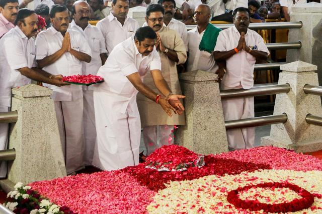 Tamil Nadu chief minister Edappadi K Palaniswami at Jayalalithaa's shrine at Marina beach after the swearing-in ceremony in Chennai on Thursday. (PTI Photo)