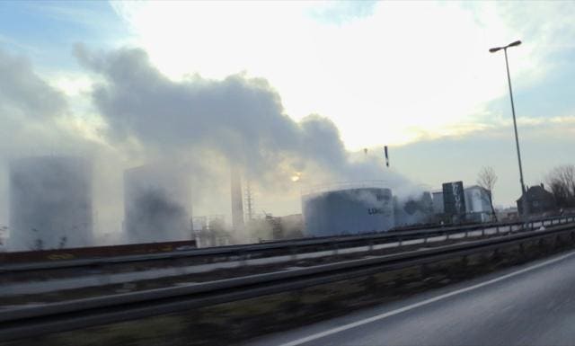 Sulfuric acid leaks out of a tank in Oberhausen, Germany. (AP Photo)